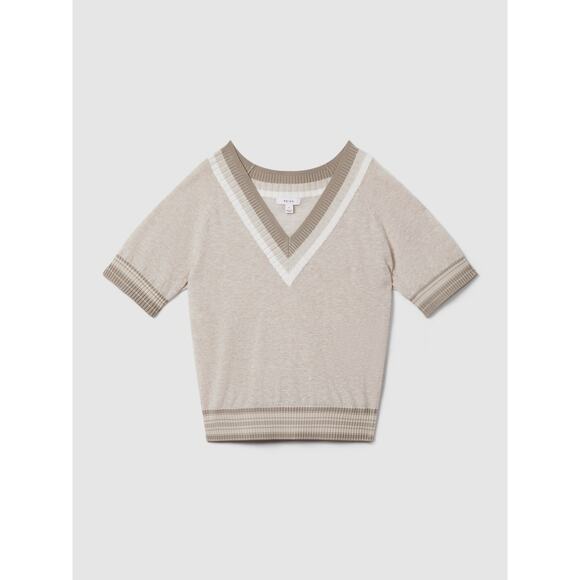 Reiss Sadie Cotton Blend Marled V-Neck Knit Top in Neutral - Picture 4 of 11